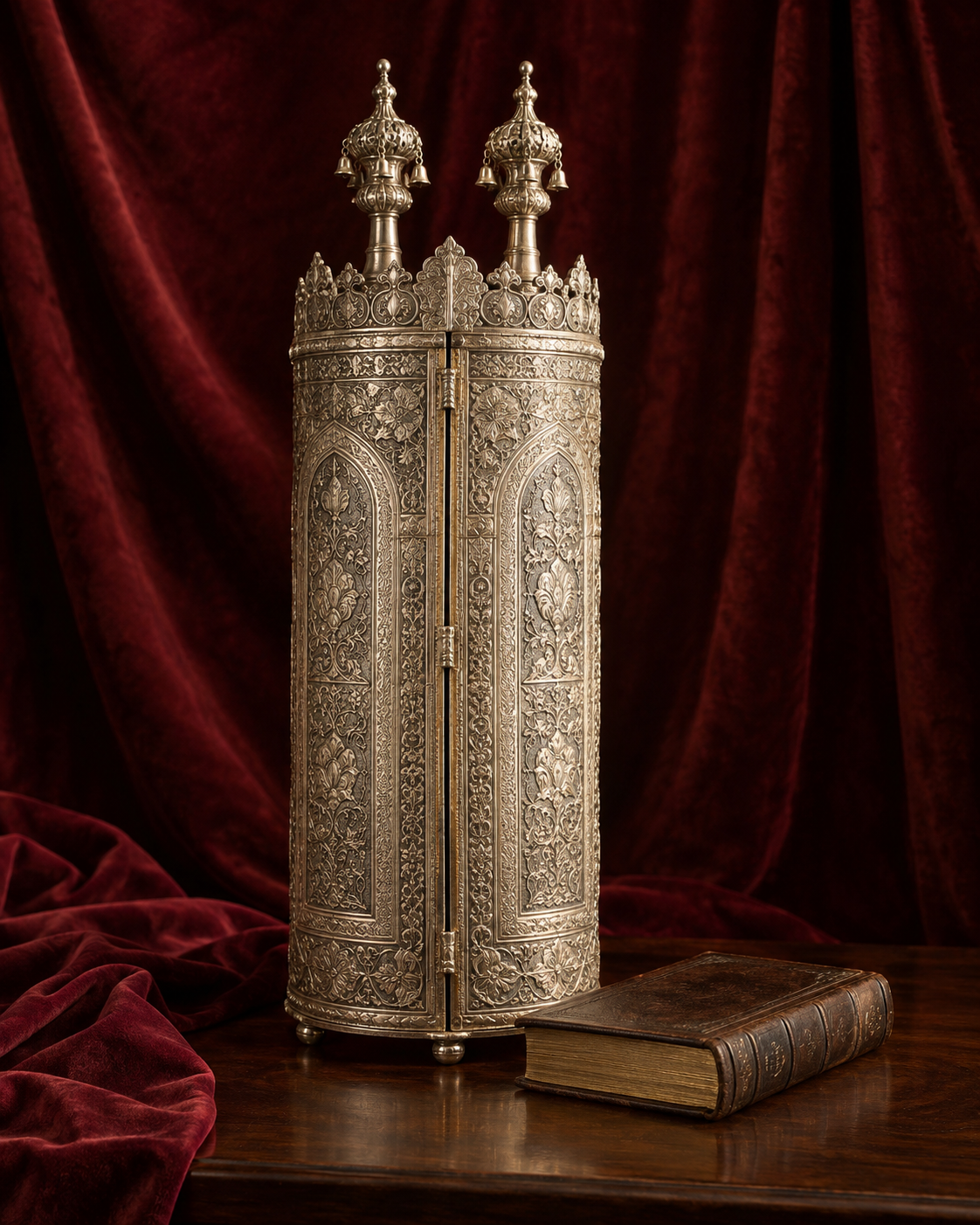 An ornate Torah case and siddur